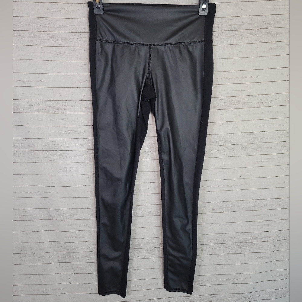 ATHLETA GLEAM FRONT PANEL FAUX LEATHER BLACK LEGGINGS, SZ XS